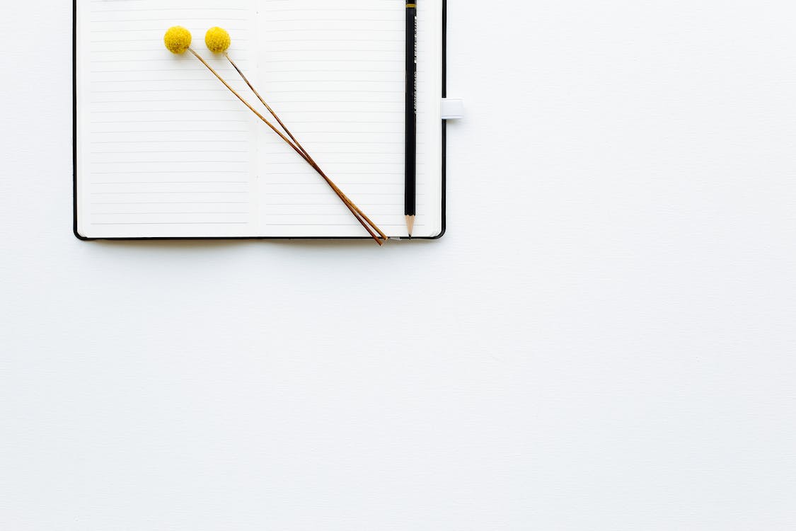 An empty, open notebook with two yellow decorative pom-poms and a pencil.