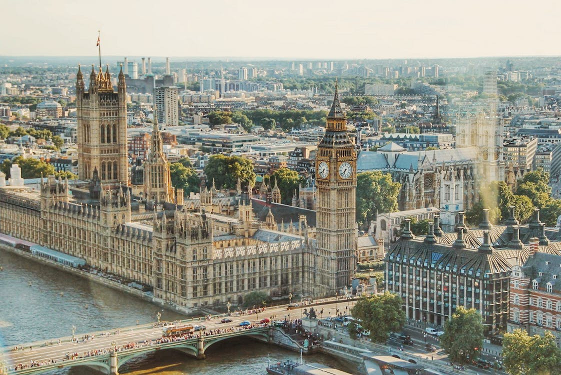 Aerial view of the UK Houses of Parliament.