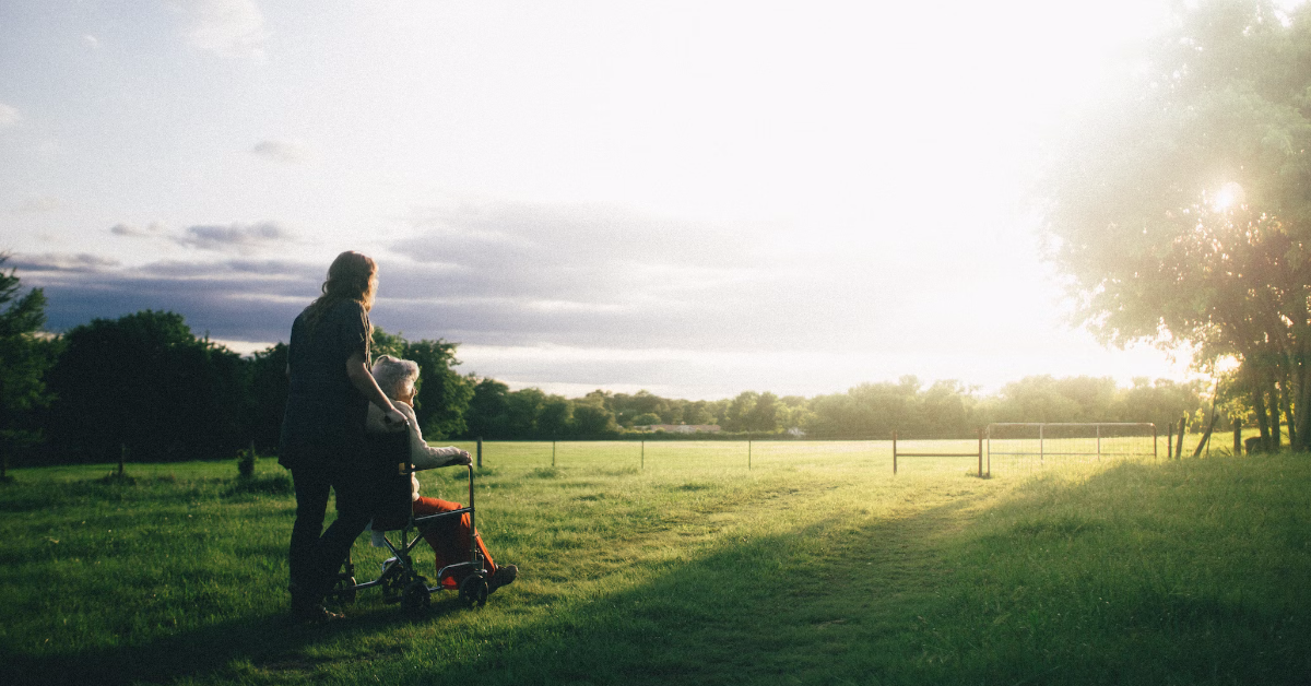 A carer pushing an older lady in a wheelchair in a park. The sun is low on the horizon.